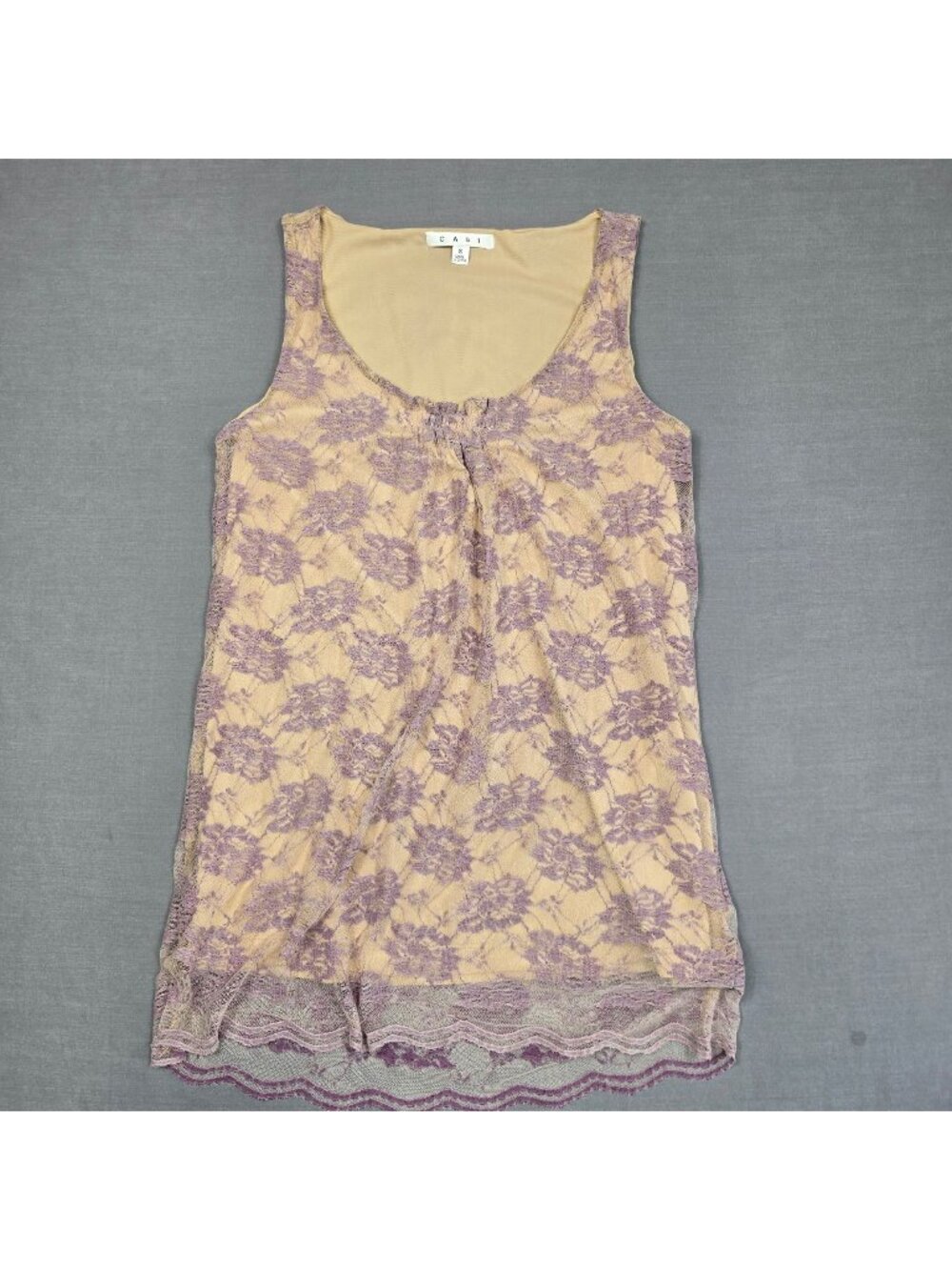 Cabi Small Lace Overlay Sleeveless Beige & Purple Tank Top